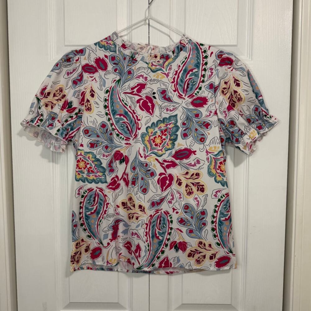 Floral Paisley Pattern Blouse Puff Short Sleeves Ruffled Detail Medium